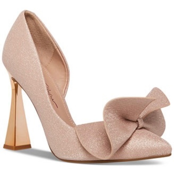 NWOT [Betsey Johnson] Sparkly Champagne Rose Gold Pink Bow High Heel Pumps | 8 - Picture 1 of 15